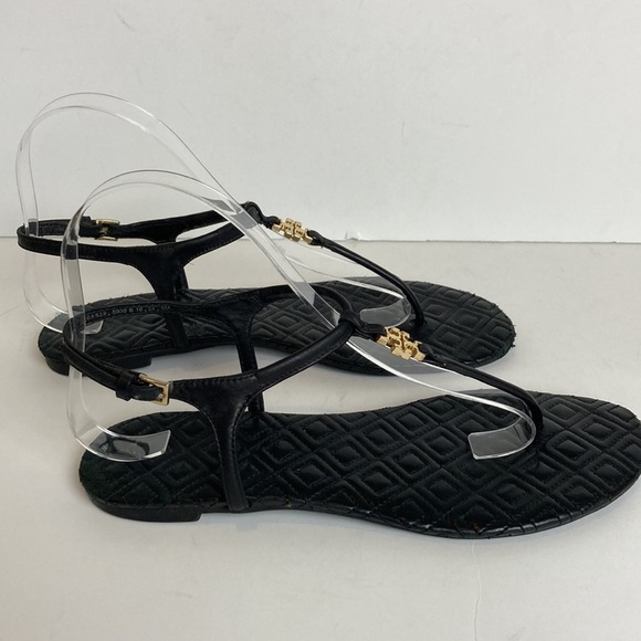 TORY BURCH Marion Quilted Black Leather T-Strap Gold Logo Sandals Size 8 Luxury - Picture 3 of 16